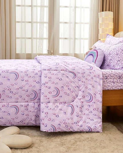 Mooreeke Full Size Comforter Sets for Girls Kids, 8 Pieces Bed in a Bag Purple Love Rainbow Bedding Comforter Sheet Set with Shams and Decorative Toy Pillow, Ultral Soft Microfiber Kids Bed Set - LeafyLoom