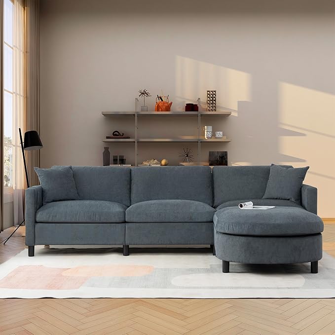 L Shaped Convertible Modular Sectional Couch with Movable Ottoman and Detachable Backrest , 4 Seater Reversible Corner Sofa ,Comfy Chenille Upholstered Sleeper Sofa&Couches for Living Room Office - LeafyLoom