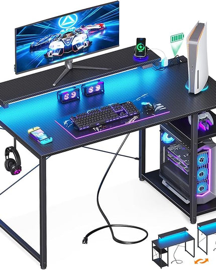 MOTPK Gaming Desk with Led Lights & Power Outlet, 40 Inch Small Gaming Computer Desk with Shelves, Reversible Gamer Desk Table with Adjustable Monitor Stand & Headphone Hook, Carbon Fiber Texture - LeafyLoom