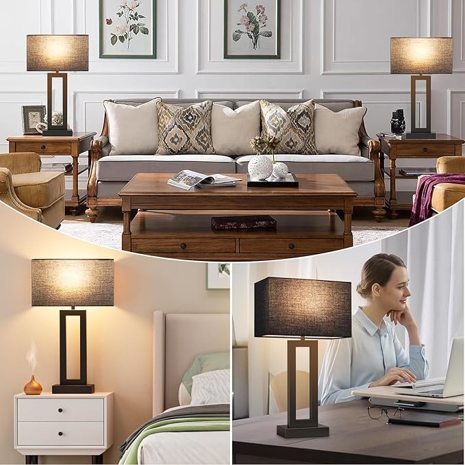 22" Tall Living Room Lamps for Night Stands - Touch Bedside Lamp with USB C+A, 3 Way Dimmable bedroom Lamps for End Tables Set of 2, Modern Night Stand Lamps for Bed Side(Black&Black) - LeafyLoom