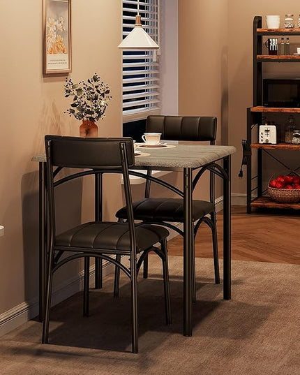 IDEALHOUSE Dining Table Set, Kitchen Table and Chairs for 2, Metal and Wood Square Dining Room Table Set with 2 Upholstered Chairs, 3 Piece Dining Table Set for Small Space, Apartment, Rustic Grey - LeafyLoom