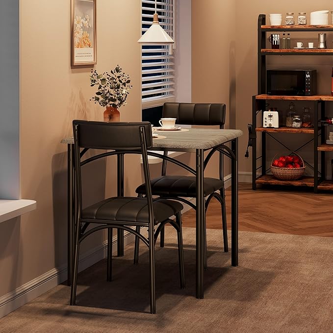 IDEALHOUSE Dining Table Set, Kitchen Table and Chairs for 2, Metal and Wood Square Dining Room Table Set with 2 Upholstered Chairs, 3 Piece Dining Table Set for Small Space, Apartment, Rustic Grey - LeafyLoom