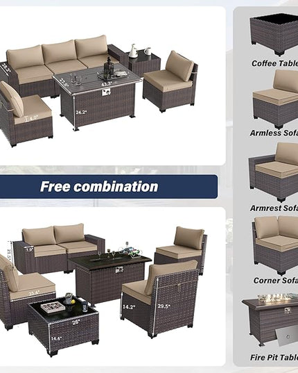 Patio Furniture Sectional Sofa Set 7-Pieces PE Rattan Patio Conversation Set w/43in Gas Fire Pit Table, Outdoor Furniture with 55000 BTU Propane Fire Pit, Sand - LeafyLoom