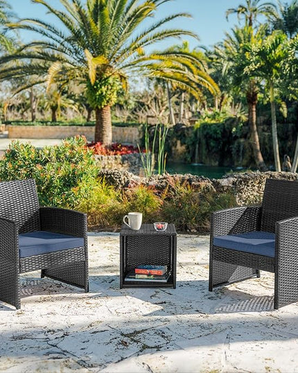 Nestl Wicker Outdoor Furniture Set - 3 Piece Patio Bistro Set (Grey/Navy) - LeafyLoom