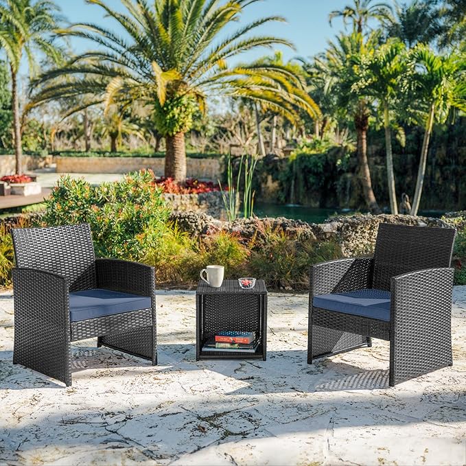 Nestl Wicker Outdoor Furniture Set - 3 Piece Patio Bistro Set (Grey/Navy) - LeafyLoom