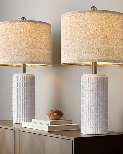 PoKat 23" Table Lamp, Farmhouse Bedside Lamps for Bedroom Set of 2, Ceramic End Table Lamps for Living Room, Traditional Nightstand Desk Lamps, Frosted White Lamps, Medium - LeafyLoom