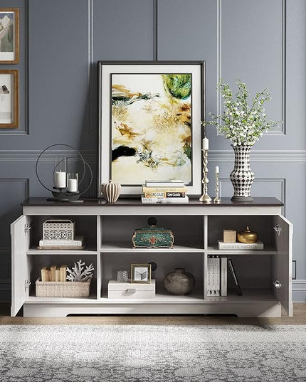 YITAHOME TV Stand for 65 Inch TV, Farmhouse Entertainment Center with Double Barn Doors and Storage Cabinets, Rustic TV Cabinet Media Console Table for Living Room, 59 Inch, Grey White/Espresso - LeafyLoom