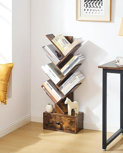 7 Tier Tree Bookshelf with Drawer, Tree Bookcase, Floor Standing Tall Wood Bookshelves for Bedroom, Living Room, Home Office, Rustic Brown - LeafyLoom