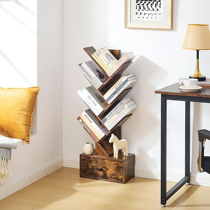 7 Tier Tree Bookshelf with Drawer, Tree Bookcase, Floor Standing Tall Wood Bookshelves for Bedroom, Living Room, Home Office, Rustic Brown - LeafyLoom
