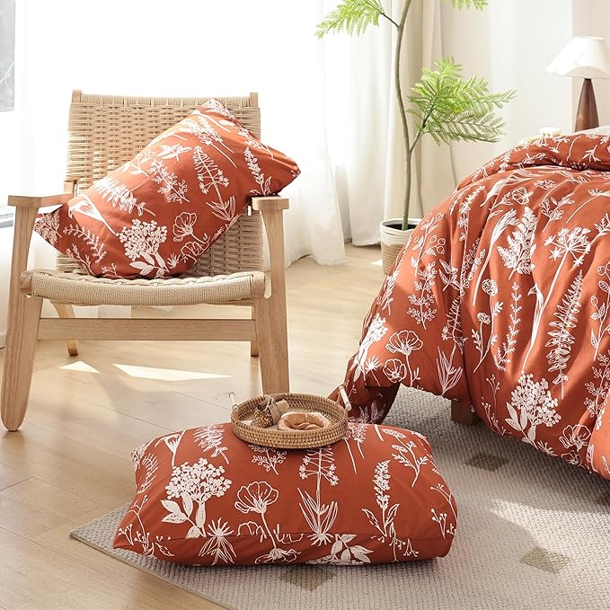 JANZAA Bedding Floral Terracotta Comforter Set Full Size Bed Set with 2 Pillow Cases for All Seasons - LeafyLoom