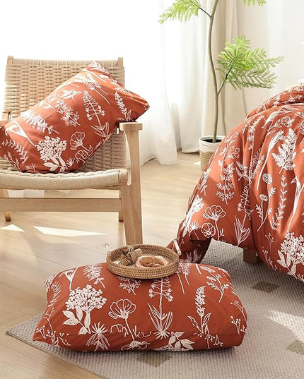 JANZAA 3PCS King Comforter Terracotta Comforter Set Floral Comforter Set White Flower Printed Bedding Set with 2 Pillow Cases for All Season Using - LeafyLoom