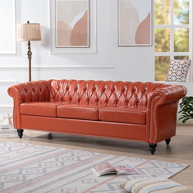 3-Seaters Living Room Clasic Chesterfield Sofa Couch Button Tufted PU Leather Upholstered Sofa&Couch with Luxury Roller Armrest Soild Wood Legs Movable Cushions & Nailhead Decor - LeafyLoom