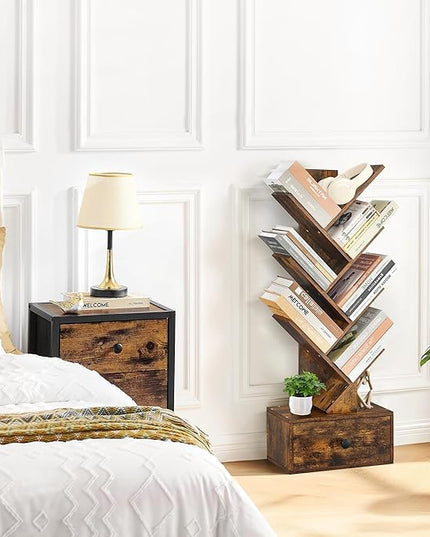 7 Tier Tree Bookshelf with Drawer, Tree Bookcase, Floor Standing Tall Wood Bookshelves for Bedroom, Living Room, Home Office, Rustic Brown - LeafyLoom