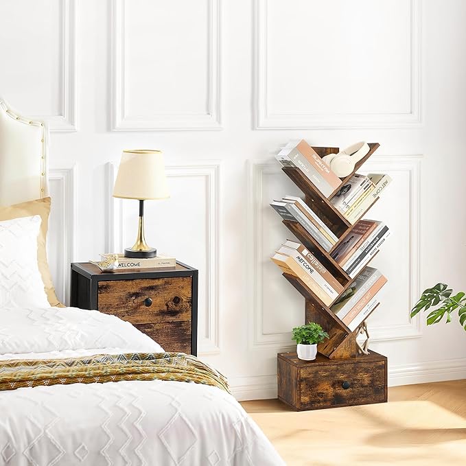7 Tier Tree Bookshelf with Drawer, Tree Bookcase, Floor Standing Tall Wood Bookshelves for Bedroom, Living Room, Home Office, Rustic Brown - LeafyLoom
