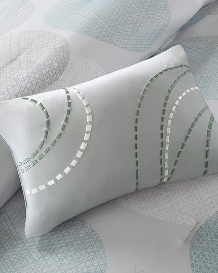 Madison Park Essentials Bed in a Bag Comforter, Vibrant Color Design All Season Down Alternative Cover with Complete Cotton Sheet Set, Queen(90"x90"), Knowles, Circular Aqua, 9 Piece - LeafyLoom