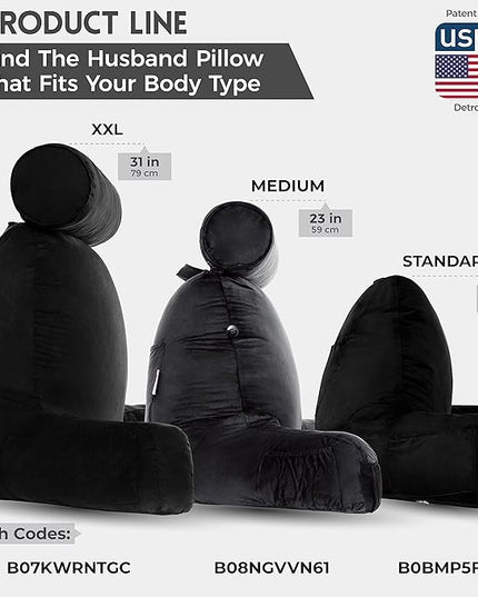 Husband Pillow XXL Aspen Edition, Adult Reading Sit Up Bed Rest Pillow for Bed with Arms & Neck Roll on Bungee Cord - Premium Memory Foam - Reversible 2 Sided Cover Micro Suede or Plush, Stable Black - LeafyLoom