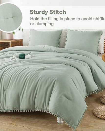 Litanika Comforter Full Size Set Sage Green,3 Pieces Sage Green Boho Pom Pom Lightweight Bed Comforter Full,All Season Solid Color Bedding Comforter Sets (1 Comforter 79x90 Inch, 2 Pillowcases) - LeafyLoom