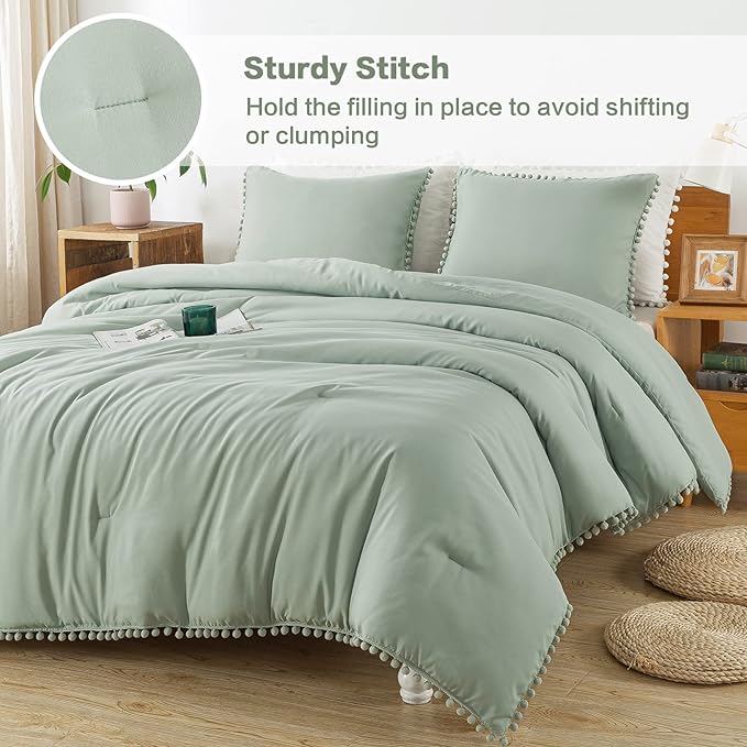 Litanika Comforter Full Size Set Sage Green,3 Pieces Sage Green Boho Pom Pom Lightweight Bed Comforter Full,All Season Solid Color Bedding Comforter Sets (1 Comforter 79x90 Inch, 2 Pillowcases) - LeafyLoom