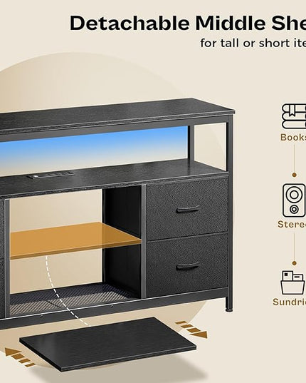 TV Stand Dresser with Power Outlets and LED Lights, 4 Drawers Entertainment Center with Shelf, 54 Inch Media Console for 55 60 Inch TV, 4 AC Outlets, 2 USBs, Dresser with PU Finish, Black - LeafyLoom