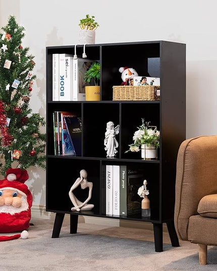 YAHARBO Black Bookshelf,3 Tier Modern Bookcase with Legs,Bookshelves Wood Storage Shelf, Open Book Shelves Cube Organizer,Freestanding Short Bookcases - LeafyLoom
