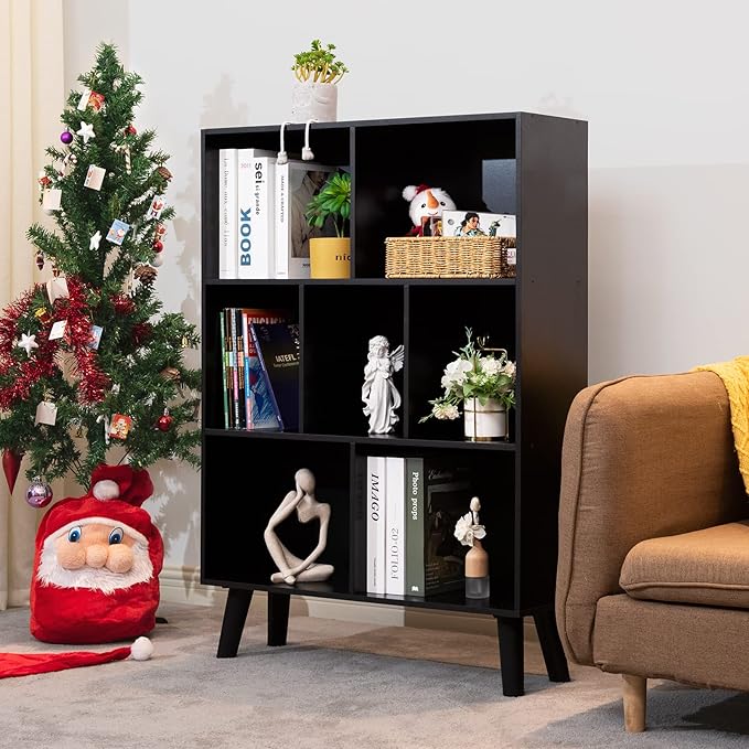 YAHARBO Black Bookshelf,3 Tier Modern Bookcase with Legs,Bookshelves Wood Storage Shelf, Open Book Shelves Cube Organizer,Freestanding Short Bookcases - LeafyLoom
