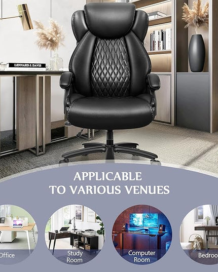 Big and Tall Office Chair 500lbs, Heavy Duty Executive Desk Chair with Adjustable Lumbar Support, Comfy Padded Cushion, Ergonomic PU Leather Home Computer Chair with Extra Wide Seat, Black - LeafyLoom