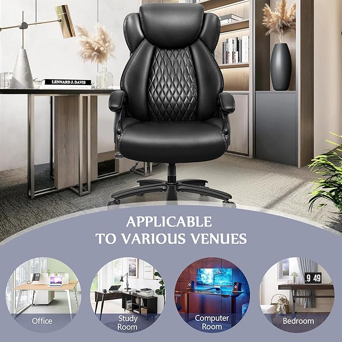 Big and Tall Office Chair 500lbs, Heavy Duty Executive Desk Chair with Adjustable Lumbar Support, Comfy Padded Cushion, Ergonomic PU Leather Home Computer Chair with Extra Wide Seat, Black - LeafyLoom