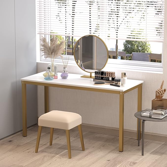 Teraves Computer Desk/Dining Table Office Desk Sturdy Writing Workstation for Home Office(47.24”, White+Golden Frame) - LeafyLoom