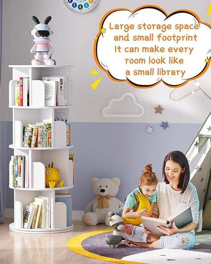 Rotating Bookshelf, Wood Corner Bookshelf, 360 Display Spinning Bookcase Storage Rack, 4 Tier Floor Standing Revolving Bookcase Narrow Book Shelf Organizer for Small Space, Bedroom, White - LeafyLoom