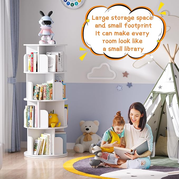 Rotating Bookshelf, Wood Corner Bookshelf, 360 Display Spinning Bookcase Storage Rack, 4 Tier Floor Standing Revolving Bookcase Narrow Book Shelf Organizer for Small Space, Bedroom, White - LeafyLoom