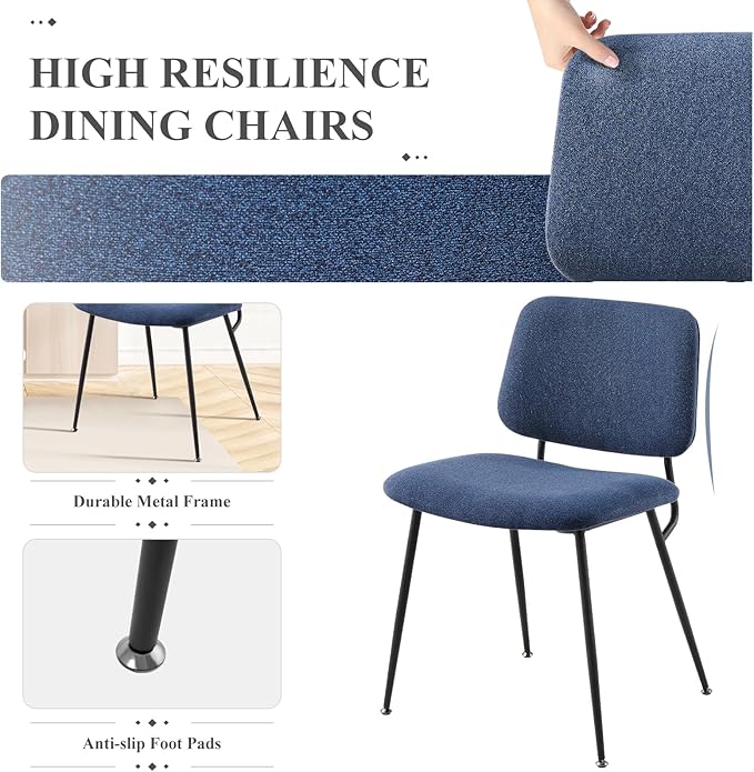 COLAMY Modern Upholstered Fabric Dining Room Accent Diner Stylish Kitchen Chairs with Solid Metal Legs, set of 6, Blue - LeafyLoom