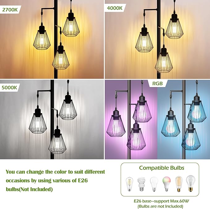 Industrial Floor Lamps for Living Room, Farmhouse Standing Lamp with 3 Hanging Teardrop Cage Shades, 68" Modern Rustic Tree Tall Lamps with Pedal Switch for Bedroom Office Home Light Decor, Black - LeafyLoom