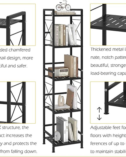 JSB 5 Tier Metal Bookshelf Bathroom Storage Standing Shelf Unit Kitchen Storage Organizer Display Rack Bookcases Shelves for Living Room, Bedroom, Office (Black, 5 Tier) - LeafyLoom