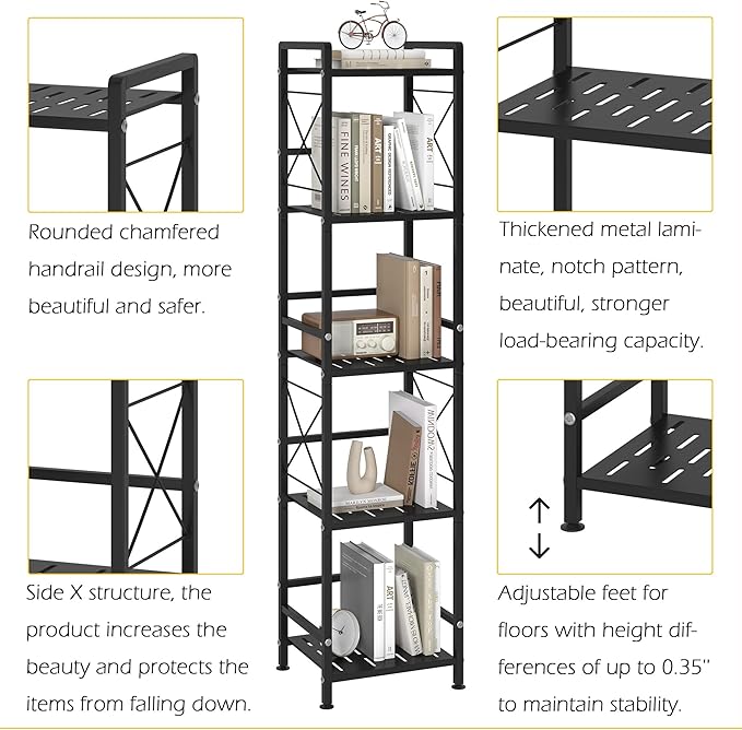 JSB 5 Tier Metal Bookshelf Bathroom Storage Standing Shelf Unit Kitchen Storage Organizer Display Rack Bookcases Shelves for Living Room, Bedroom, Office (Black, 5 Tier) - LeafyLoom