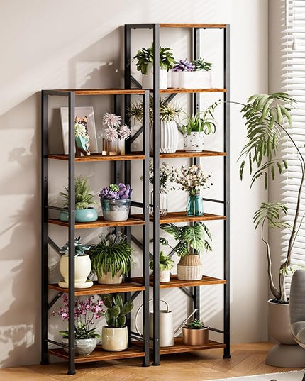 Furologee 5 Tier Tall Bookshelf, Rustic Narrow Bookcase, Display Standing Shelf Units, Metal and Wood Storage Shelves Organizer for Bedroom, Living Room, Home Office, Entryway, Kitchen, Rustic Brown - LeafyLoom