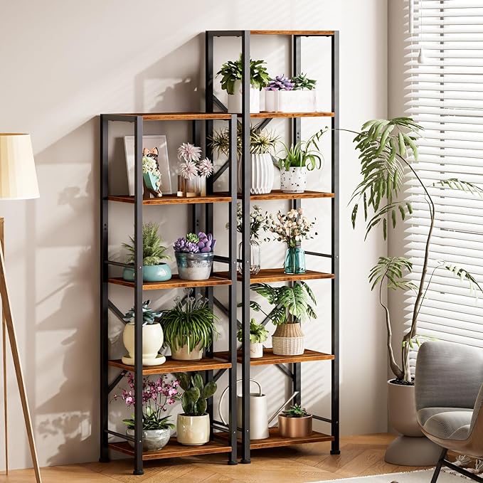 Furologee 5 Tier Tall Bookshelf, Rustic Narrow Bookcase, Display Standing Shelf Units, Metal and Wood Storage Shelves Organizer for Bedroom, Living Room, Home Office, Entryway, Kitchen, Rustic Brown - LeafyLoom
