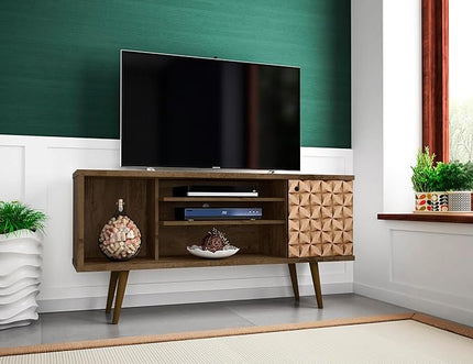 Manhattan Comfort Liberty Mid Century Modern TV Stand for Televisions up to 50 Inches, Bedroom and Living Room Entertainment Center with Storage, Shelves, and Cabinet, 53" Wide, Rustic Brown/3D Brown - LeafyLoom