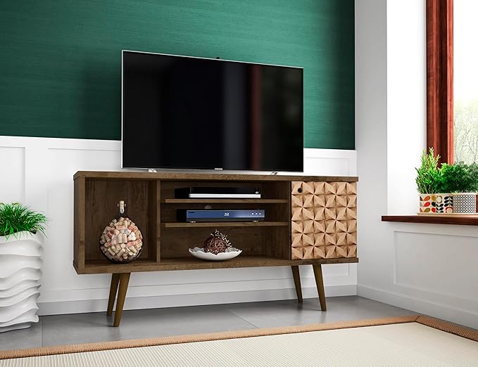 Manhattan Comfort Liberty Mid Century Modern TV Stand for Televisions up to 50 Inches, Bedroom and Living Room Entertainment Center with Storage, Shelves, and Cabinet, 53" Wide, Rustic Brown/3D Brown - LeafyLoom