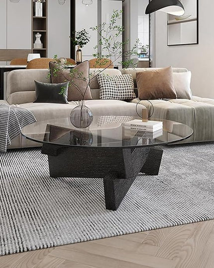 Coffee Table, Round Coffee Table for Living Room Modern Glass Coffee Table with Solid Wood Legs Farmhouse Mid Century Center Table Large Circle Cocktail Table (Black + Brown, 35.4in) - LeafyLoom