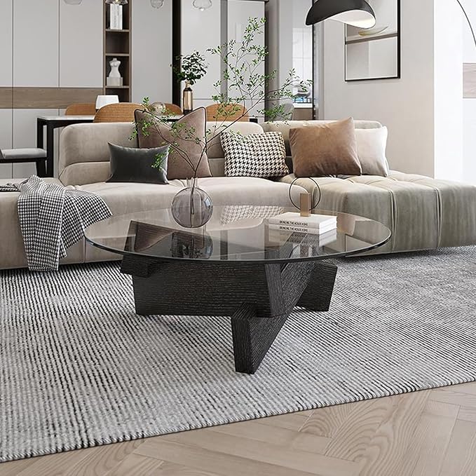 Coffee Table, Round Coffee Table for Living Room Modern Glass Coffee Table with Solid Wood Legs Farmhouse Mid Century Center Table Large Circle Cocktail Table (Black + Brown, 35.4in) - LeafyLoom