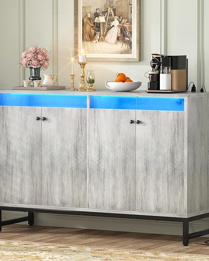 Aheaplus Sideboard Buffet Cabinet with Power Outlet, Kitchen Storage Cabinet with LED Light & Doors, Accent Cabinet Cupboard Buffet Table with Storage for Dining Room, Living Room, Hallway, White Oak - LeafyLoom