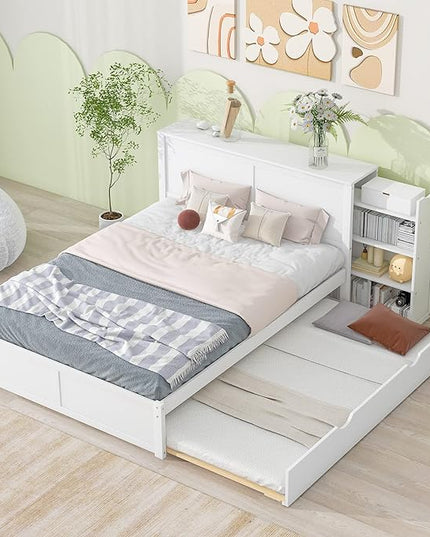 Queen Size Bed Frame with Headboard and Twin XL Trundle, Wood Queen Size Platform Bed with Pull Out Storage Shelves Headboard for Bedroom, White - LeafyLoom