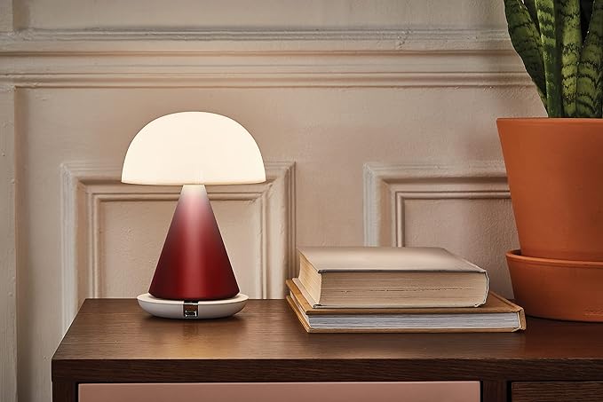 Lexon Mina L Mushroom Lamp - 9 LED Color Table Lamp for Bedrooms, Living Room & Office - Cordless, Rechargeable with 24h Light & Dimmer, Aluminum, Large - Dark Red - LeafyLoom