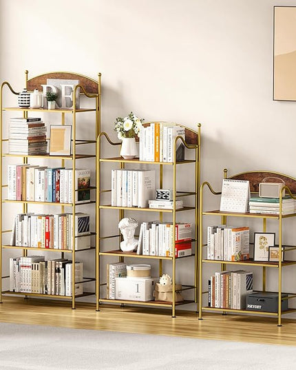 Folding Bookshelf No Assembly, 4 Shelf Gold Folding Bookcase with Sturdy Metal Frame, Vintage Open Standing Collapsible Shelves for Bedroom, Living Room, Home Office Organization - LeafyLoom