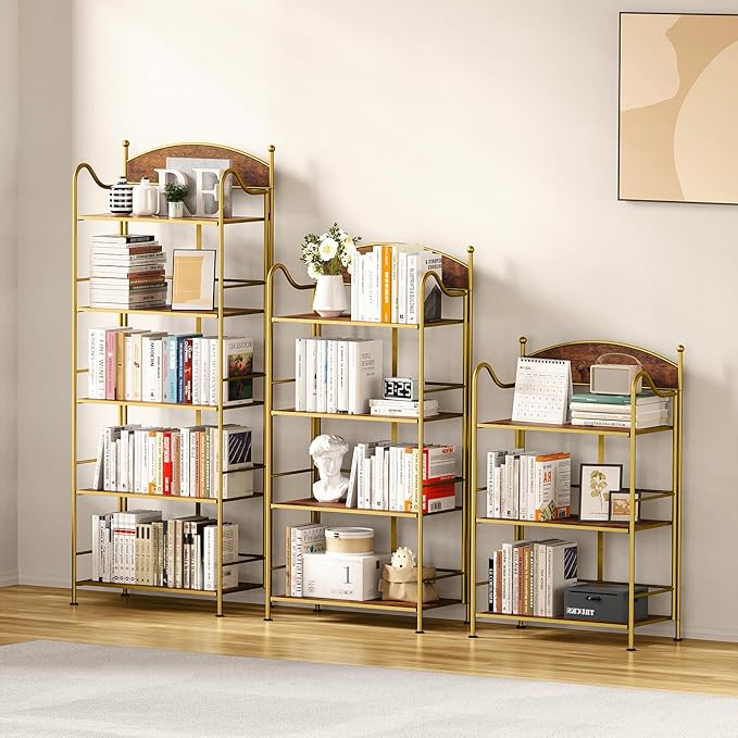 Folding Bookshelf No Assembly, 4 Shelf Gold Folding Bookcase with Sturdy Metal Frame, Vintage Open Standing Collapsible Shelves for Bedroom, Living Room, Home Office Organization - LeafyLoom