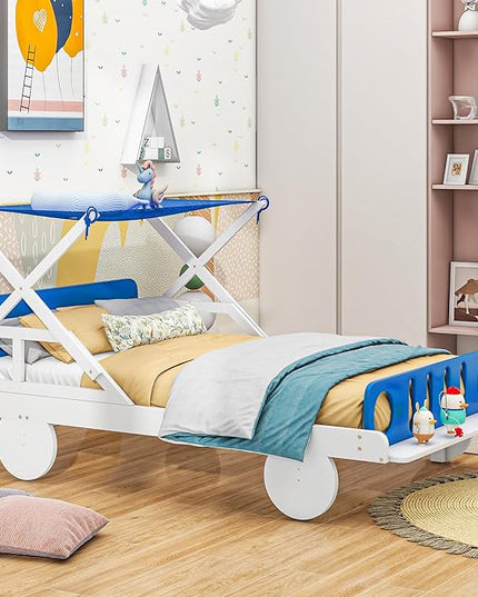 Wood Twin Size Car Bed with Ceiling Cloth, Headboard and Footboard, Car-Shaped Platform Bed W/Storage Shelves,Kids Twin-Bed-Frame for Boys,Girls,White+Blue - LeafyLoom