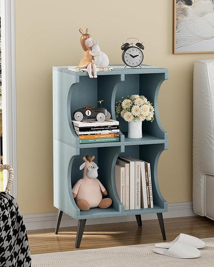 Bookcase 4 Cube Bookshelf,Blue Open Cube Small Book shelf Circle Arc Storage Shelf Display Cabinet Organizer,2 Tiers Modern Wooden Bookcase with Cubby Storage for Living Room,Bedroom,Office - LeafyLoom