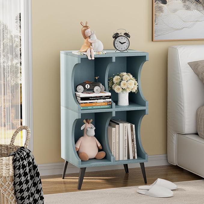 Bookcase 4 Cube Bookshelf,Blue Open Cube Small Book shelf Circle Arc Storage Shelf Display Cabinet Organizer,2 Tiers Modern Wooden Bookcase with Cubby Storage for Living Room,Bedroom,Office - LeafyLoom