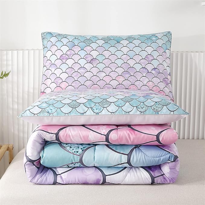 RYNGHIPY 2Pcs Colorful Mermaid Scale Print Comforter Bedding Set Twin Size, Soft Microfiber Coverlet Set/Bedspread/Quilt Set with Colorful Scale Design (Mermaid,Twin) - LeafyLoom