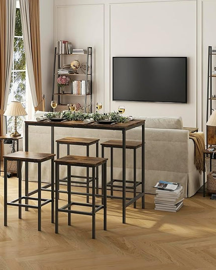Dining Table Set for 4, Bar Table and Chairs Set, Square Bar Table with 4 High Stools with Footrest, Industrial Counter Height Dining Pub Bar Table Set for 2, for Home Kitchen Breakfast, Rustic Brown - LeafyLoom